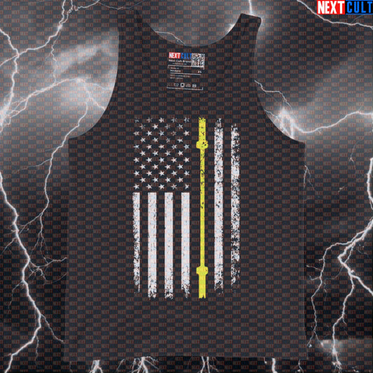 Muscle Tank Top With Thin Yellow Line Barbell Flag | Patriotic Workout Vest For Lifters Tank Tops 4th of July Fitness Gym Powerlifting Workout Next Cult Brand