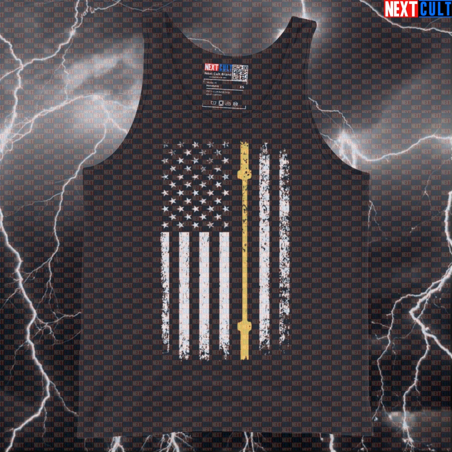 Thin Gold Line Barbell Flag Tank Top | Patriotic Muscle Shirt for Lifters & Dispatch Tank Tops 4th of July Fitness Gym Powerlifting Workout Next Cult Brand