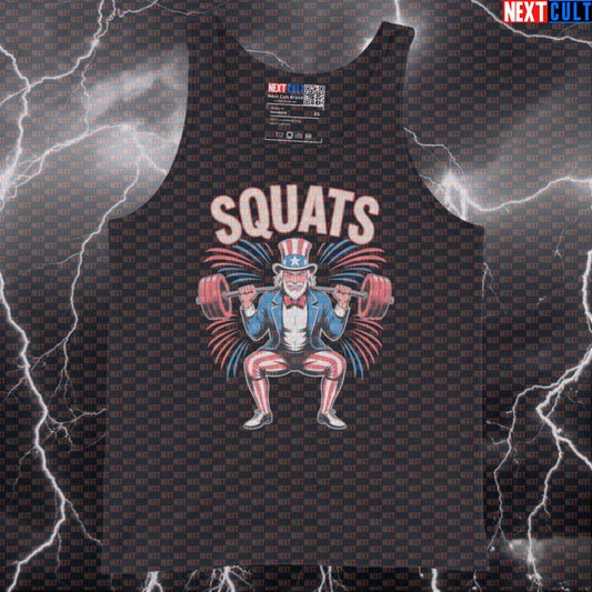 Uncle Sam Squats Funny Patriotic Gym Tank Top - USA Meme Vest Muscle Shirt for 4th of July 4th of July Bodybuilding Fitness Gym Leg Day Powerlifting Uncle Sam Workout Next Cult Brand