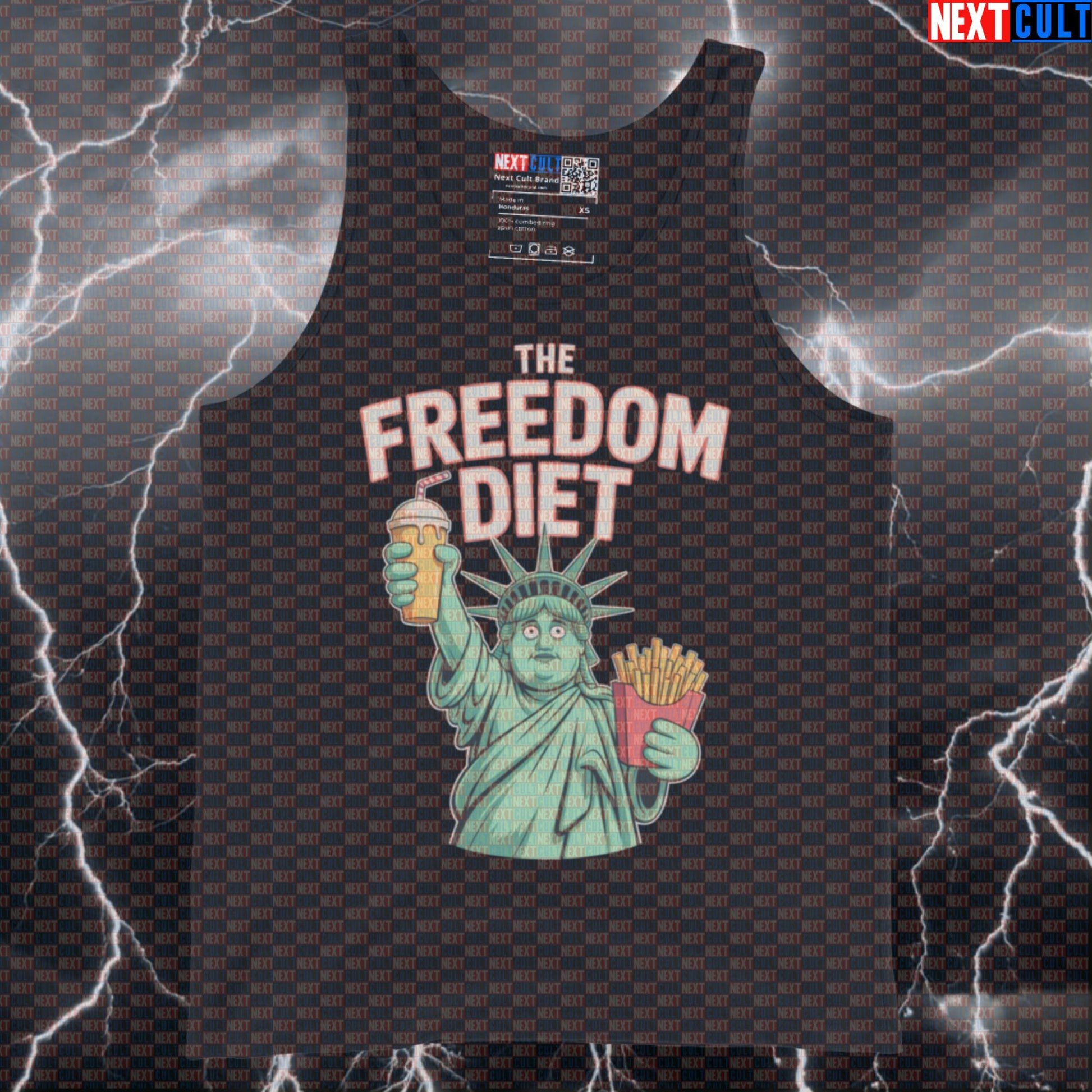 Funny Patriotic Gym Tank Top - Fat Statue of Liberty Freedom Diet Vest For 4th of July Workouts 4th of July Fast Food Fitness Gym Statue of Liberty Workout Next Cult Brand