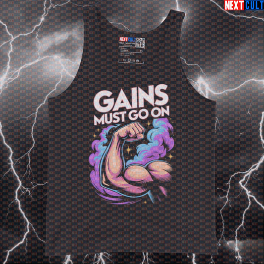 Gains Must Go On Funny Gym Tank Top - Queen Rock Music Meme Vest Muscle Shirt Tank Tops Bodybuilding Fitness Gym Queen Rock Music Workout Next Cult Brand
