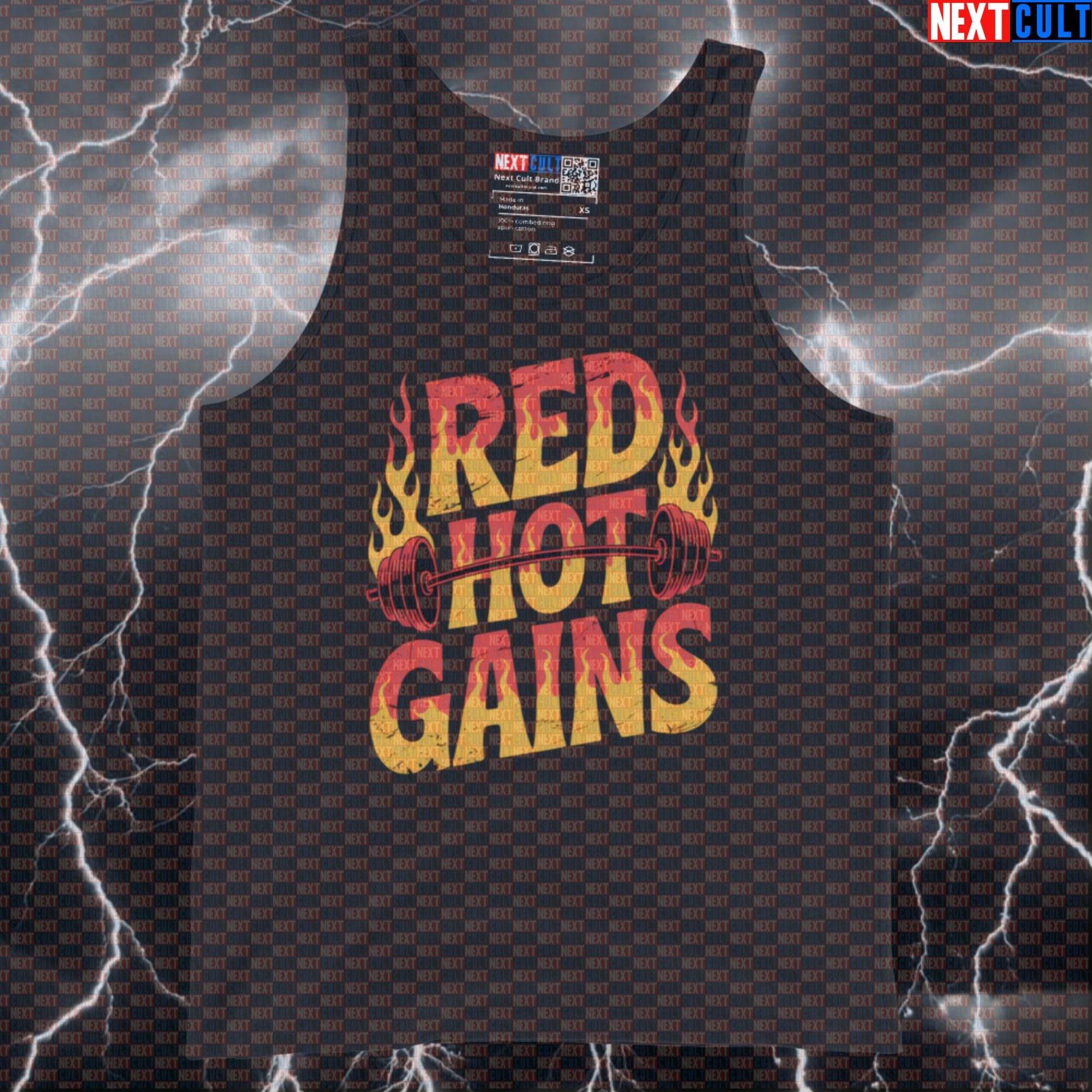 Red Hot Gains Funny Gym Tank Top - Rock Music Gym Meme Vest Muscle Shirt For Athletes Tank Tops Bodybuilding Fitness Gym Powerlifting Red Hot Chili Peppers Rock Music Workout Next Cult Brand