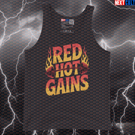 Red Hot Gains Funny Gym Tank Top - Rock Music Gym Meme Vest Muscle Shirt For Athletes Tank Tops Bodybuilding Fitness Gym Powerlifting Red Hot Chili Peppers Rock Music Workout Next Cult Brand