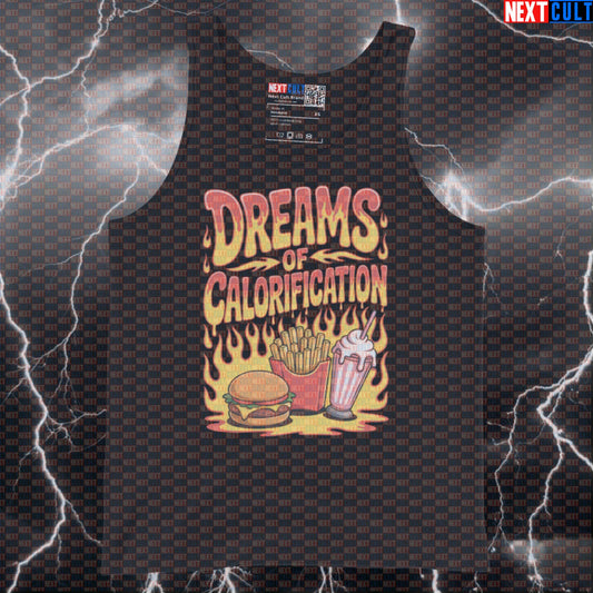 Dreams of Calorification Funny Gym Tank Top - Calorie Meme Vest Muscle Shirt for Bulking Tank Tops Bodybuilding Bulking Fast Food Fitness Gym Red Hot Chili Peppers Rock Music Workout Next Cult Brand
