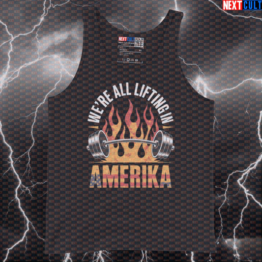 We're All Lifting In Amerika Funny Gym Tank Top - Patriotic Rammstein Vest Muscle Shirt Tank Tops 4th of July Bodybuilding Fitness Gym Powerlifting Rammstein Rock Music Workout Next Cult Brand