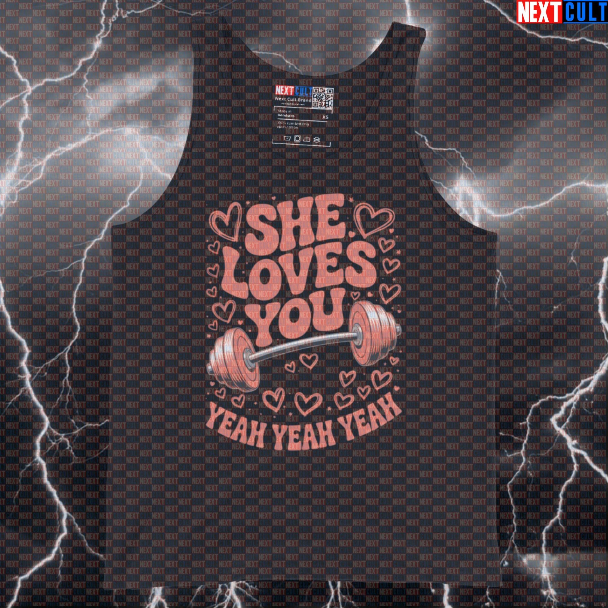 She Loves You Yeah Yeah Yeah Funny Gym Tank Top - Beatles Gymbro Meme Vest Muscle Shirt Tank Tops Bodybuilding Fitness Gym Powerlifting Rock Music The Beatles Valentine's Day Workout Next Cult Brand