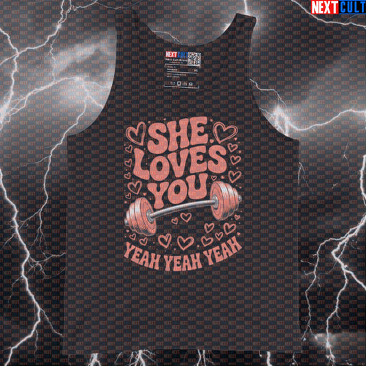 She Loves You Yeah Yeah Yeah Funny Gym Tank Top - Beatles Gymbro Meme Vest Muscle Shirt Tank Tops Bodybuilding Fitness Gym Powerlifting Rock Music The Beatles Valentine's Day Workout Next Cult Brand