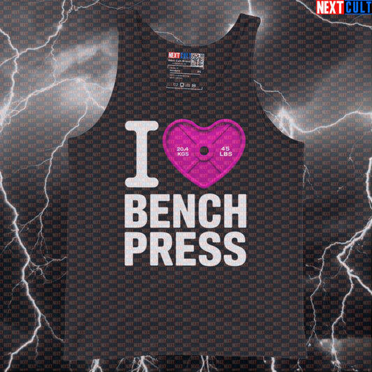 Funny Gym Tank Top for Chest Day | I Love Bench Press Muscle Shirt with Pink Heart Tank Tops Bodybuilding Fitness Gym Powerlifting Valentine's Day Workout Next Cult Brand