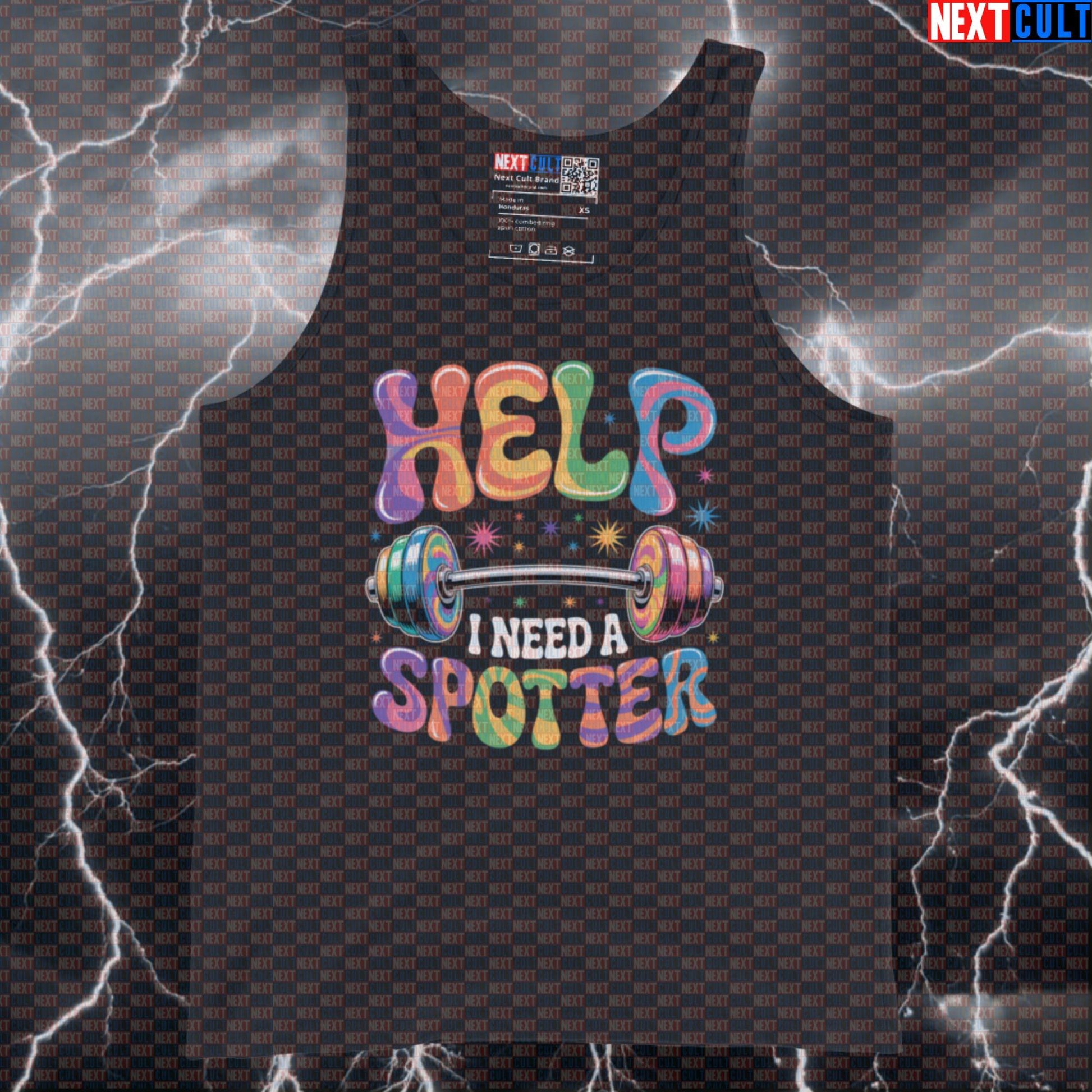 Help I Need a Spotter Funny Gym Tank Top - Beatles Inspired Spotter Meme Vest Muscle Shirt Tank Tops Bodybuilding Fitness Gym Powerlifting Rock Music The Beatles Workout Next Cult Brand