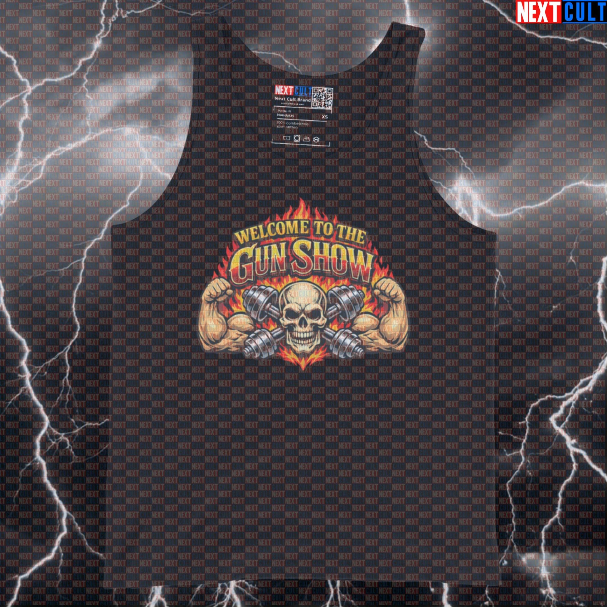 Welcome to the Gun Show Funny Gym Tank Top for Big Biceps and Gains | Rock Workout Muscle Shirt with Guns and Roses Parody Tank Tops Bodybuilding Fitness Guns N' Roses Gym Rock Music Workout Next Cult Brand