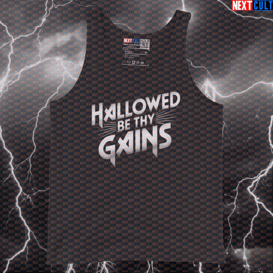 Hallowed Be Thy Gains Funny Gym Tank Top Athletic Vest Muscle Shirt Workout Top for Iron Maiden Lifters and Gym Bros Tank Tops Bodybuilding Fitness Gym Iron Maiden Powerlifting Rock Music Workout Next Cult Brand