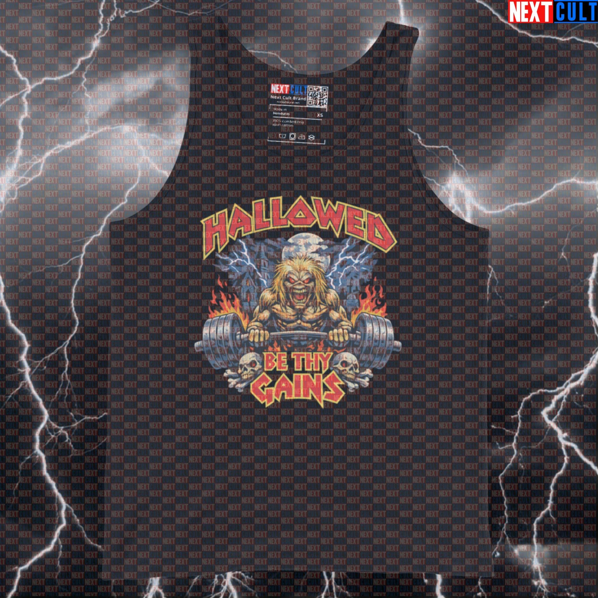Hallowed Be Thy Gains Iron Maiden Heavy Metal Funny Gym Tank Top for Lifters, Bodybuilding, Powerlifting & Fitness Meme Fans Tank Tops Fitness Gym Iron Maiden Powerlifting Rock Music Workout Next Cult Brand