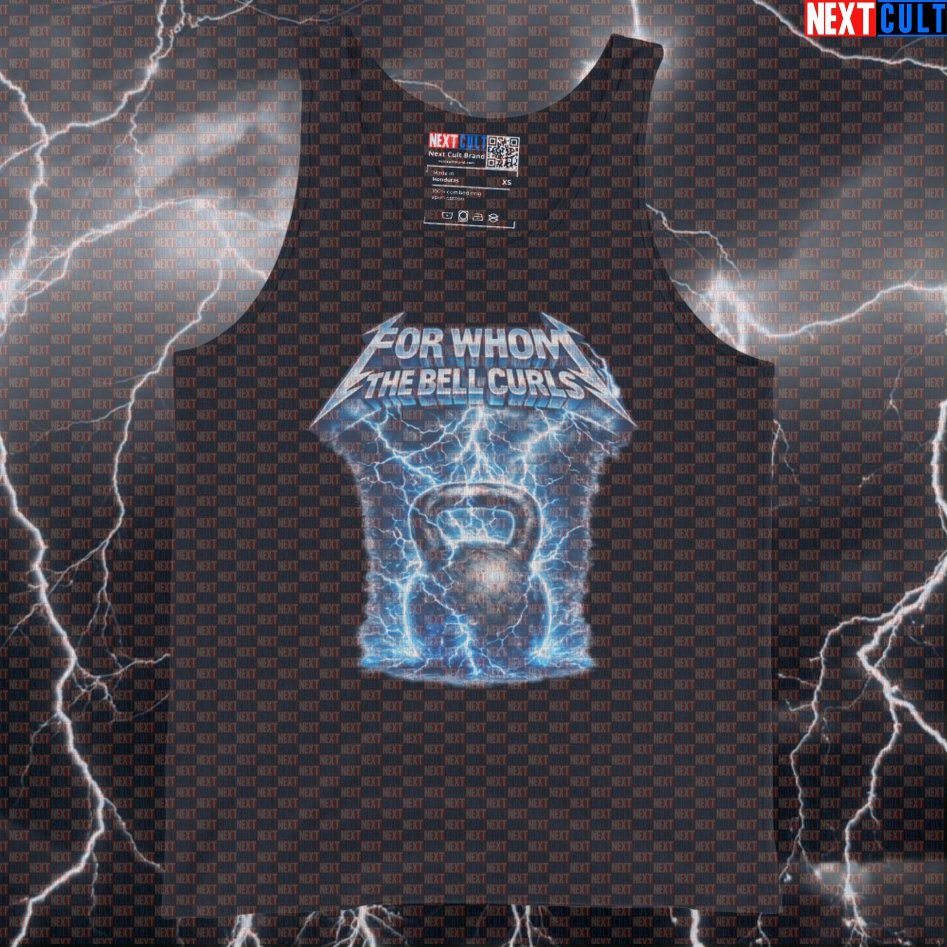 For Whom The Bell Curls Funny Gym Tank Top Metallica Kettlebell Workout Muscle Shirt Heavy Metal Fitness Meme Bodybuilding Fitness Gym Kettlebell Metallica Rock Music Workout Next Cult Brand