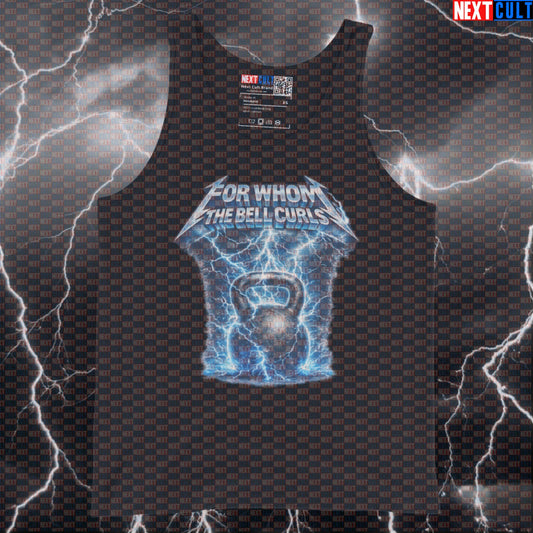 For Whom The Bell Curls Funny Gym Tank Top Metallica Kettlebell Workout Muscle Shirt Heavy Metal Fitness Meme Bodybuilding Fitness Gym Kettlebell Metallica Rock Music Workout Next Cult Brand