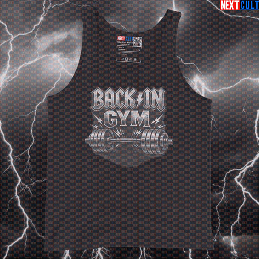 Back In Gym Funny Gym Tank Top Back In Black Album Cover Parody AC/DC Heavy Metal Workout Muscle Shirt Tank Tops AC/DC Bodybuilding Fitness Gym Powerlifting Rock Music Workout Next Cult Brand