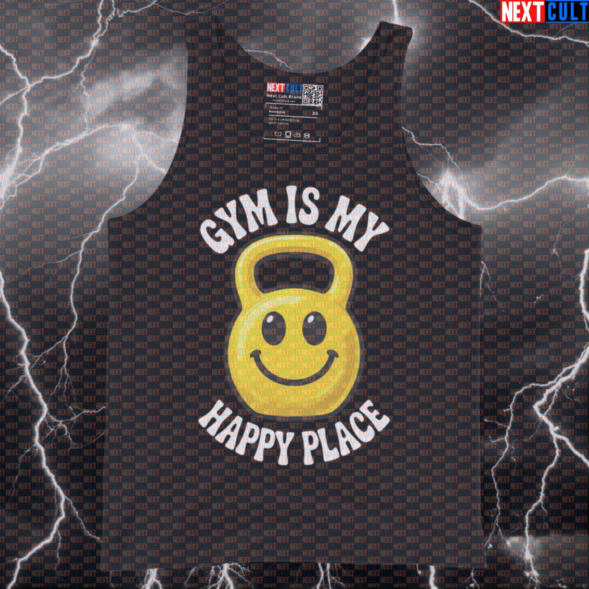 Gym Is My Happy Place Funny Gym Tank Top Happy Kettlebell Smiley Face Emoji Tank Tops Bodybuilding Fitness Gym Kettlebell Workout Next Cult Brand