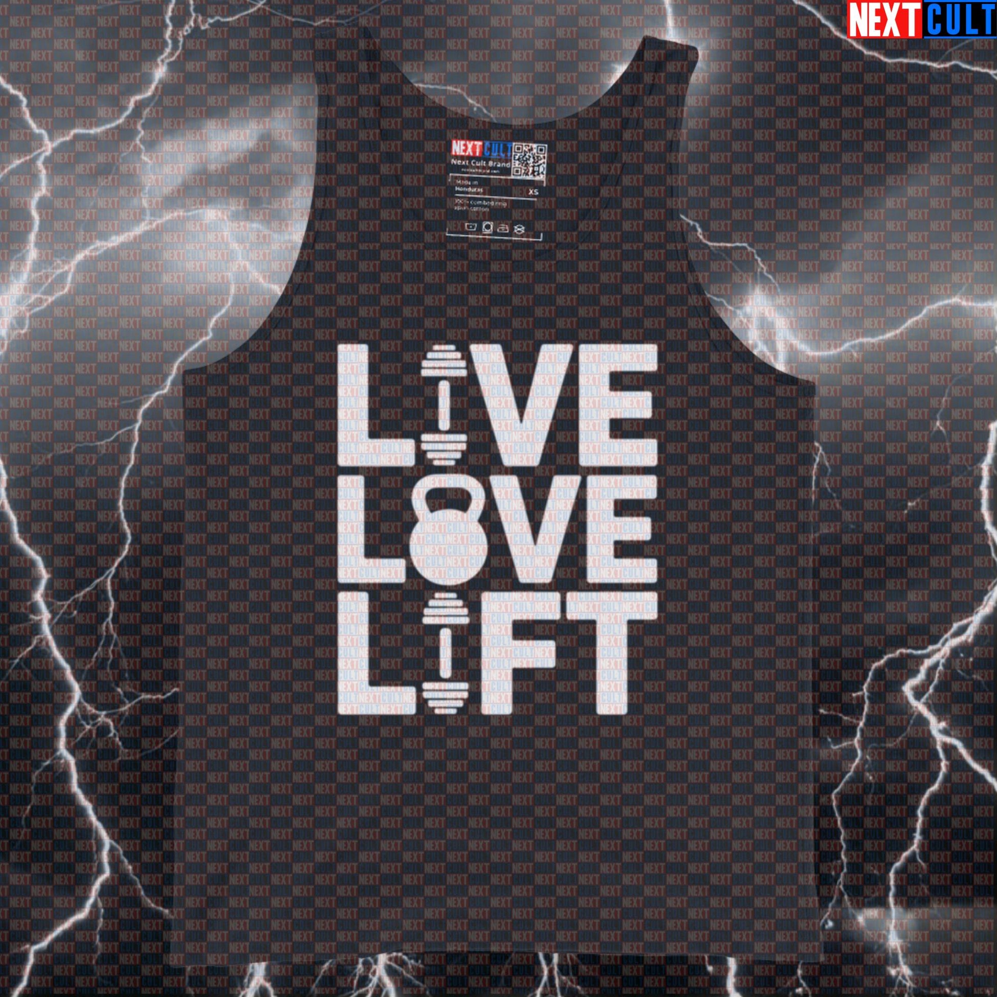 Live Love Lift Funny Gym Tank Top Muscle Shirt Athletic Vest for Lifters Gymbro Workout Motivation Fans Bodybuilding Fitness Gym Kettlebell Workout Next Cult Brand