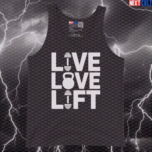 Live Love Lift Funny Gym Tank Top Muscle Shirt Athletic Vest for Lifters Gymbro Workout Motivation Fans Bodybuilding Fitness Gym Kettlebell Workout Next Cult Brand