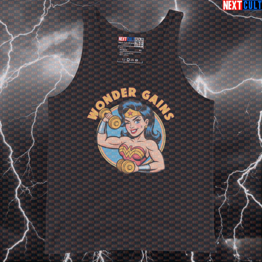Wonder Gains Funny Gym Tank Top Muscle Shirt Athletic Vest for Lifters Gymbro Superhero Workout Fans Tank Tops Bodybuilding Films Fitness Gym Justice League Superheroes Wonder Woman Workout Next Cult Brand