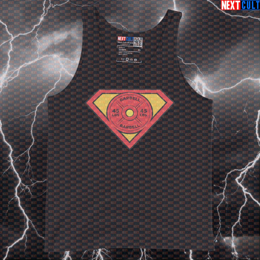 Superman Barbell Weight Plate Logo Funny Gym Tank Top – Superhero Workout Tank Top for Bodybuilding Powerlifting Fitness Meme Tank Tops Bodybuilding Films Fitness Gym Justice League Powerlifting Superheroes Superman Workout Next Cult Brand