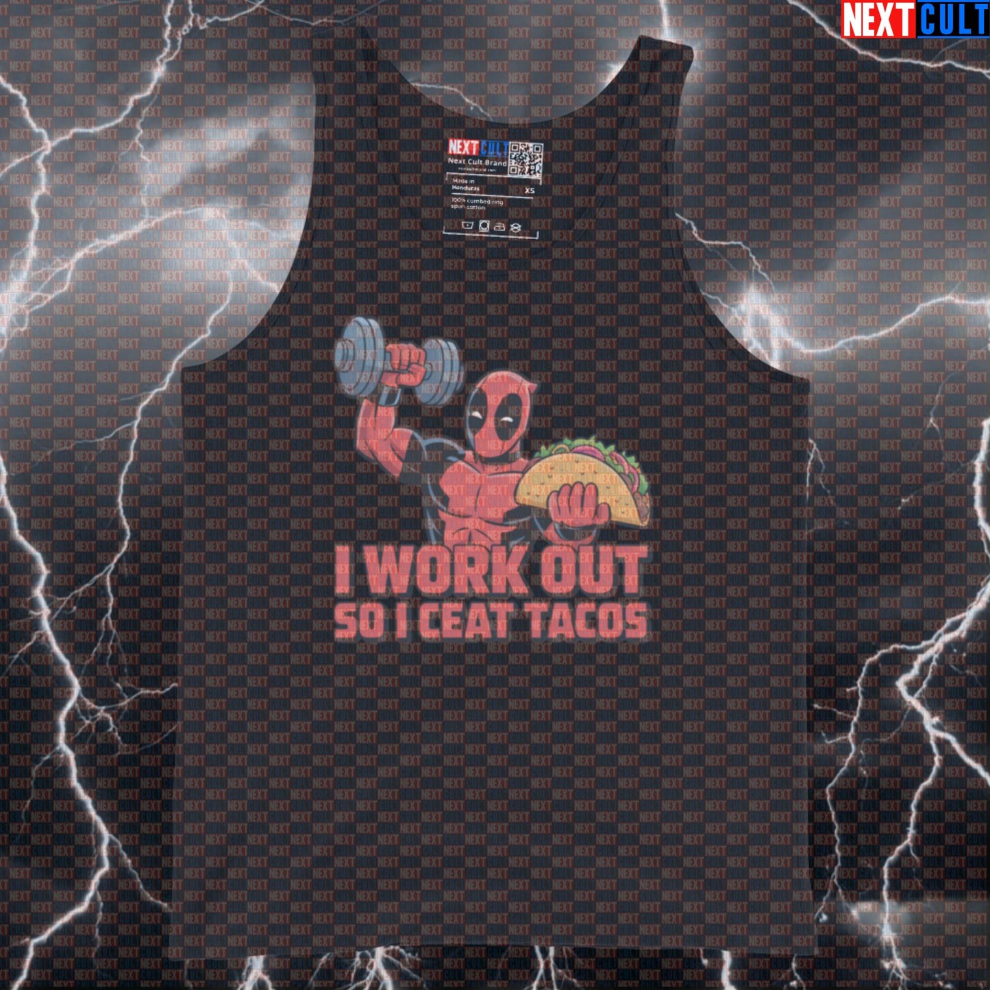 I Work Out So I Can Eat Tacos Funny Gym Tank Top Muscle Shirt Athletic Vest for Lifters Deadpool Fans Bodybuilding Deadpool Fast Food Films Fitness Gym Superheroes Workout Next Cult Brand