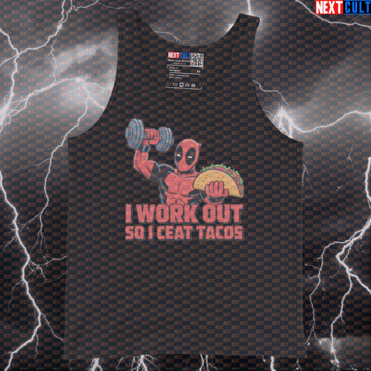 I Work Out So I Can Eat Tacos Funny Gym Tank Top Muscle Shirt Athletic Vest for Lifters Deadpool Fans Bodybuilding Deadpool Fast Food Films Fitness Gym Superheroes Workout Next Cult Brand