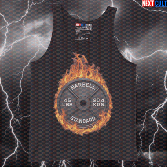 Flaming 45LB Weight Plate Funny Gym Tank Top Fire Barbell Lifting Workout Tank Top Fitness Apparel Tank Tops Next Cult Brand