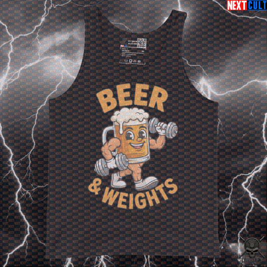 Beer and Weights Tank Top – Funny Gymbro Workout Vest for Lifting, Fitness and Bar Nights Tank Tops Next Cult Brand