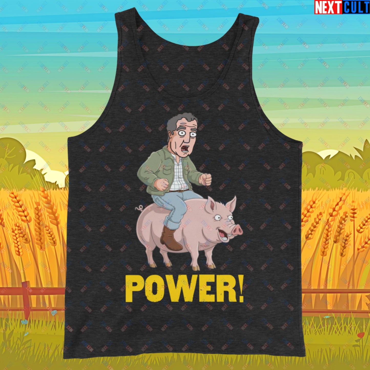 Power Pig Farming Jeremy Clarkson's Farm Diddly Squat Grand Tour Top Gear Funny Meme Cartoon Tank Top Charcoal-Black Triblend Tank Tops Clarkson's Farm Grand Tour Jeremy Clarkson Top Gear TV Shows Next Cult Brand