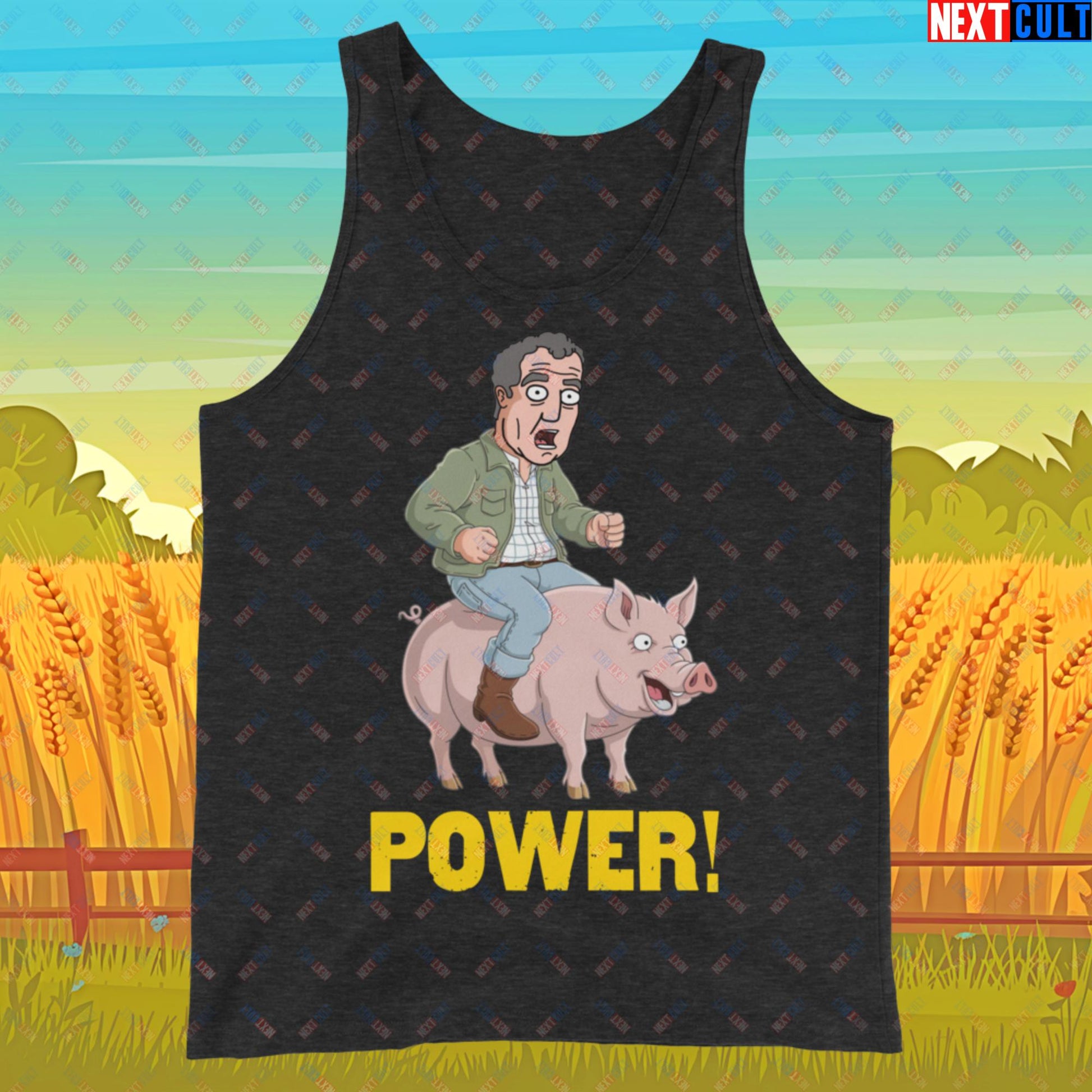 Power Pig Farming Jeremy Clarkson's Farm Diddly Squat Grand Tour Top Gear Funny Meme Cartoon Tank Top Charcoal-Black Triblend Tank Tops Clarkson's Farm Grand Tour Jeremy Clarkson Top Gear TV Shows Next Cult Brand