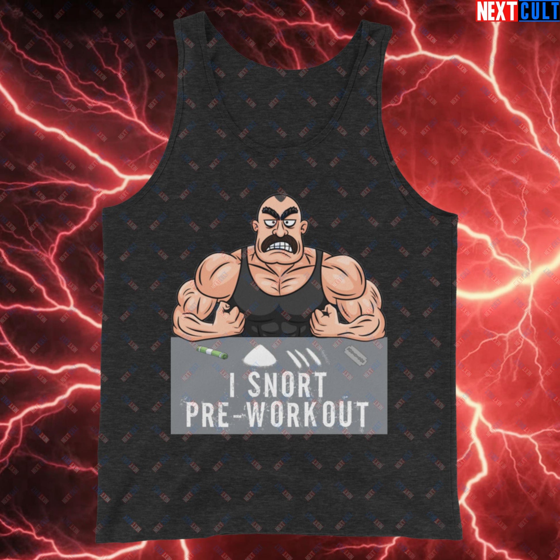 I Snort Pre-workout Gym Bro Fitness Bodybuilding Workout Weightlifting Powerlifting Funny Meme Cartoon Tank Top Charcoal-Black Triblend Tank Tops Fitness Gym Workout Next Cult Brand