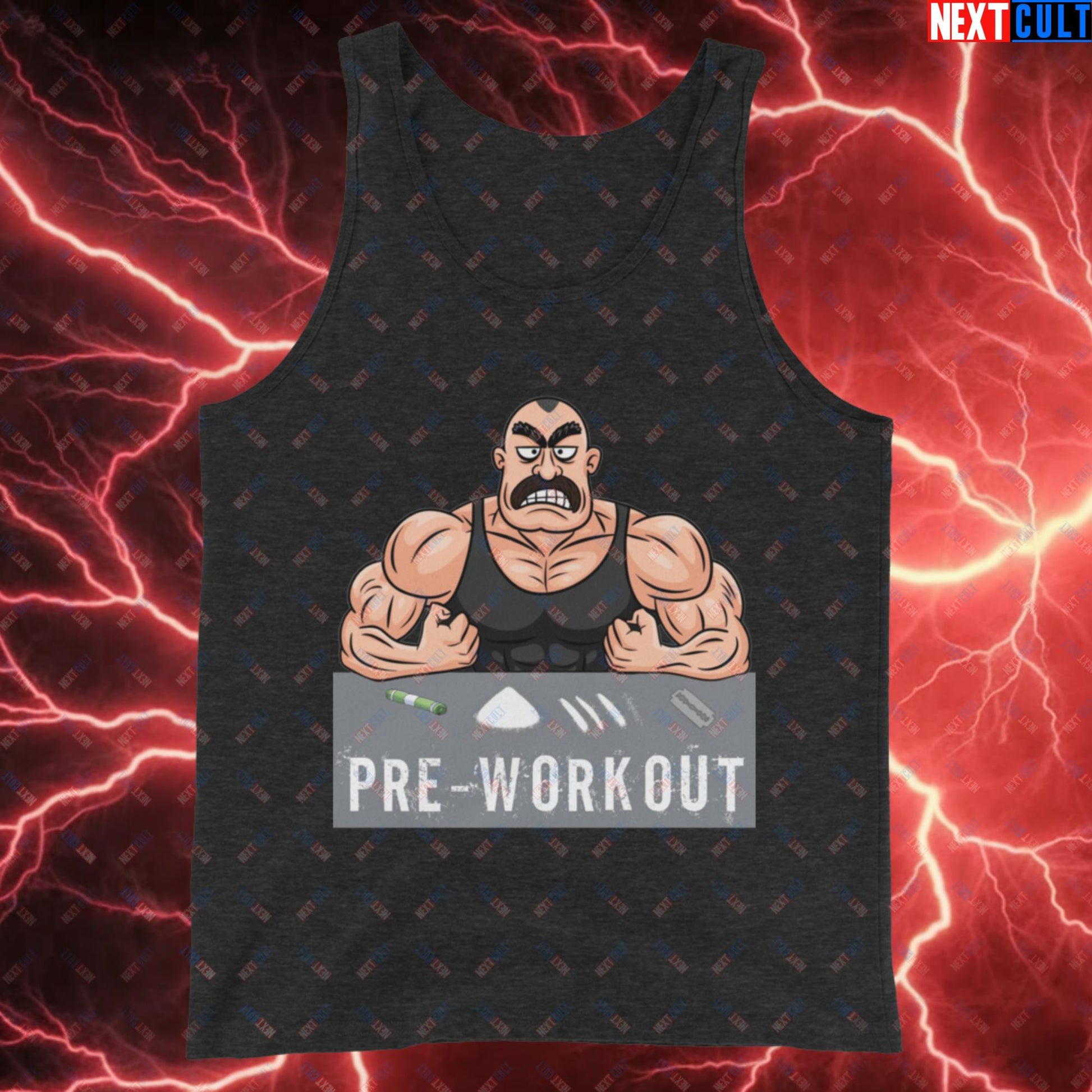 I Love Pre-workout Gym Bro Fitness Bodybuilding Workout Weightlifting Powerlifting Funny Meme Cartoon Tank Top Charcoal-Black Triblend Tank Tops Fitness Gym Workout Next Cult Brand