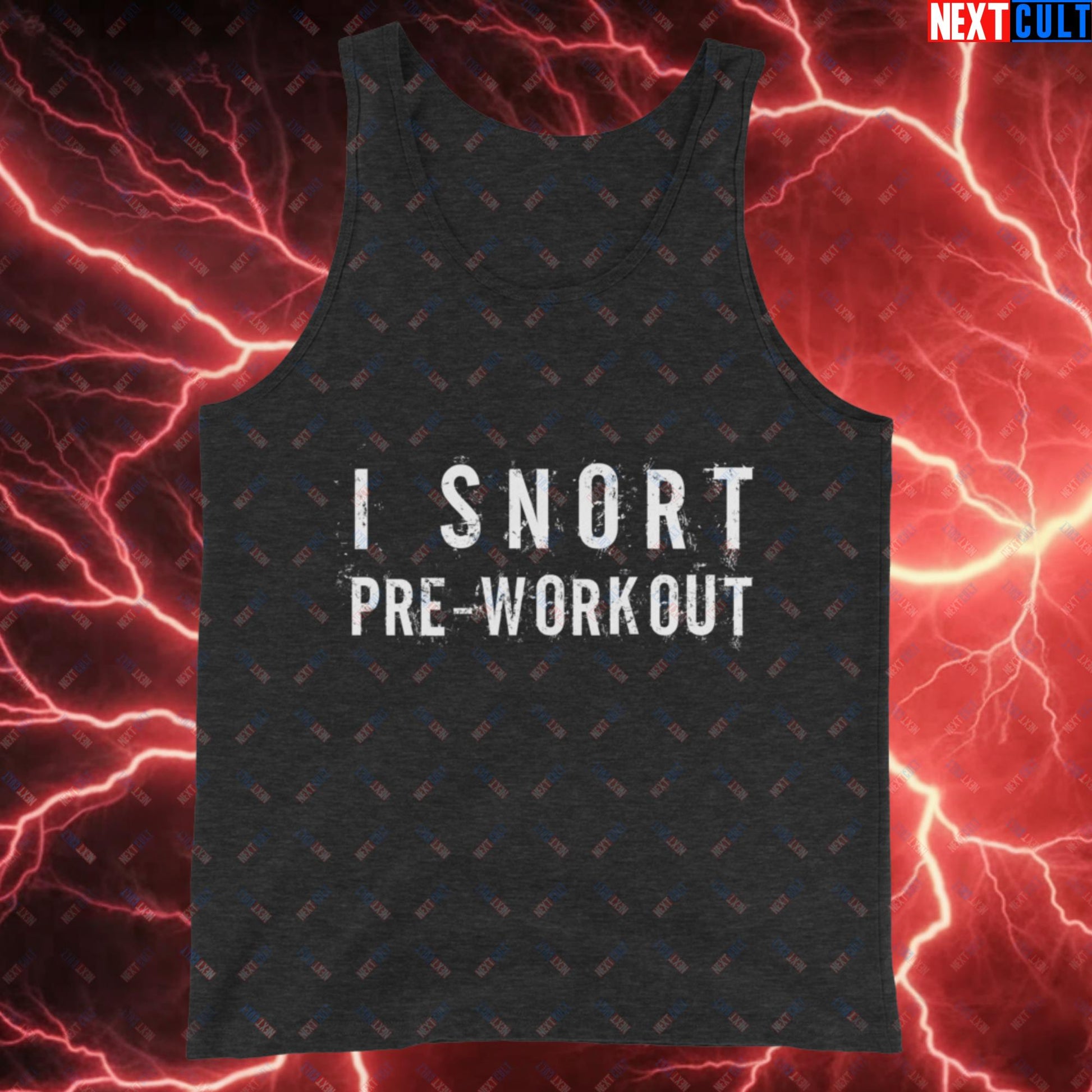 I Snort Pre-workout Gym Bro Fitness Bodybuilding Workout Weightlifting Powerlifting Funny Meme Tank Top Charcoal-Black Triblend Tank Tops Fitness Gym Workout Next Cult Brand