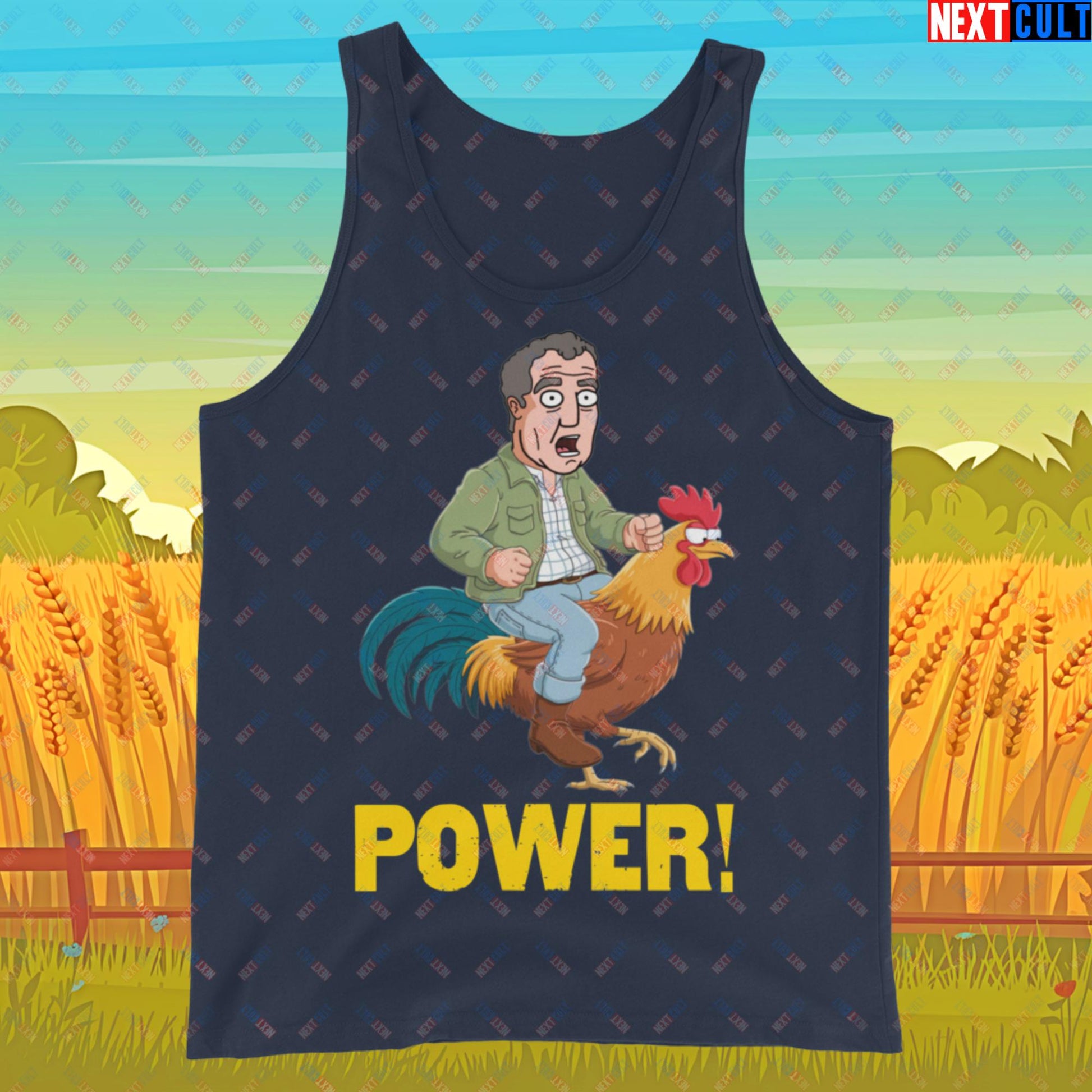 Power Rooster Chicken Farming Jeremy Clarkson's Farm Diddly Squat Grand Tour Top Gear Funny Meme Cartoon Tank Top Navy Tank Tops Clarkson's Farm Grand Tour Jeremy Clarkson Top Gear TV Shows Next Cult Brand