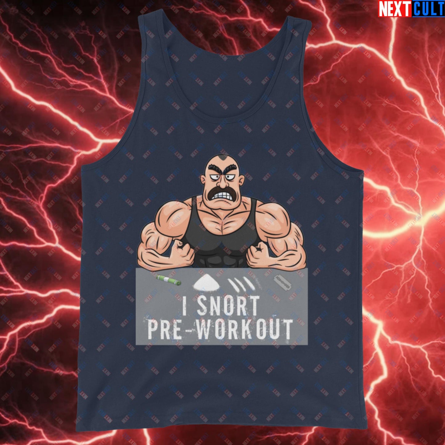 I Snort Pre-workout Gym Bro Fitness Bodybuilding Workout Weightlifting Powerlifting Funny Meme Cartoon Tank Top Navy Tank Tops Fitness Gym Workout Next Cult Brand