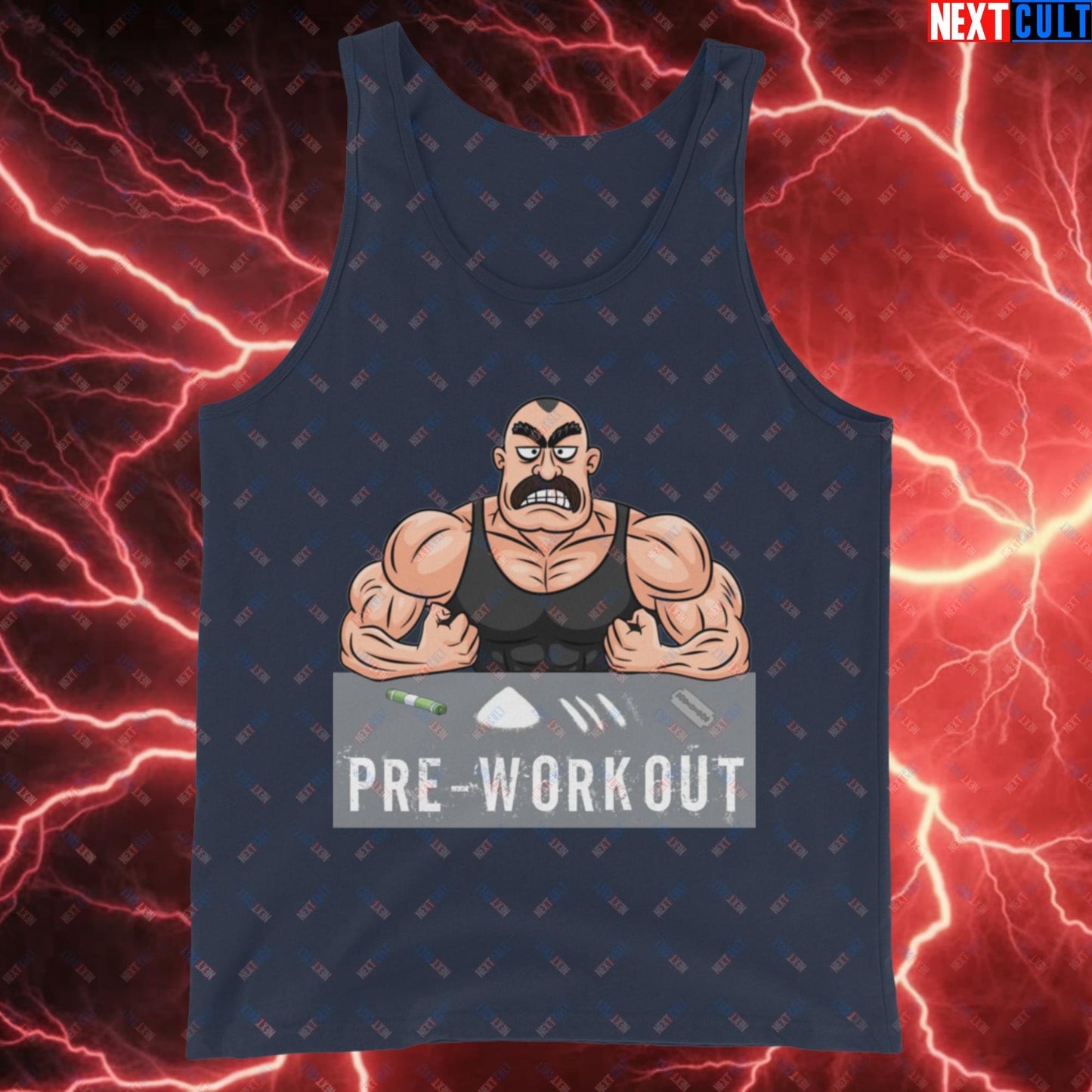 I Love Pre-workout Gym Bro Fitness Bodybuilding Workout Weightlifting Powerlifting Funny Meme Cartoon Tank Top Navy Tank Tops Fitness Gym Workout Next Cult Brand