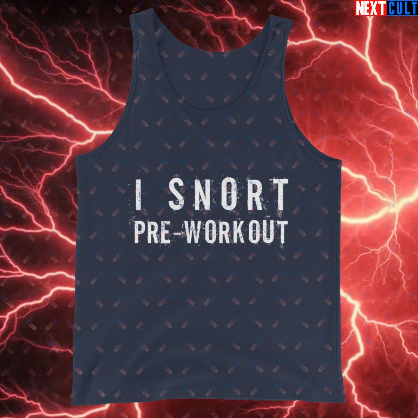 I Snort Pre-workout Gym Bro Fitness Bodybuilding Workout Weightlifting Powerlifting Funny Meme Tank Top Navy Tank Tops Fitness Gym Workout Next Cult Brand