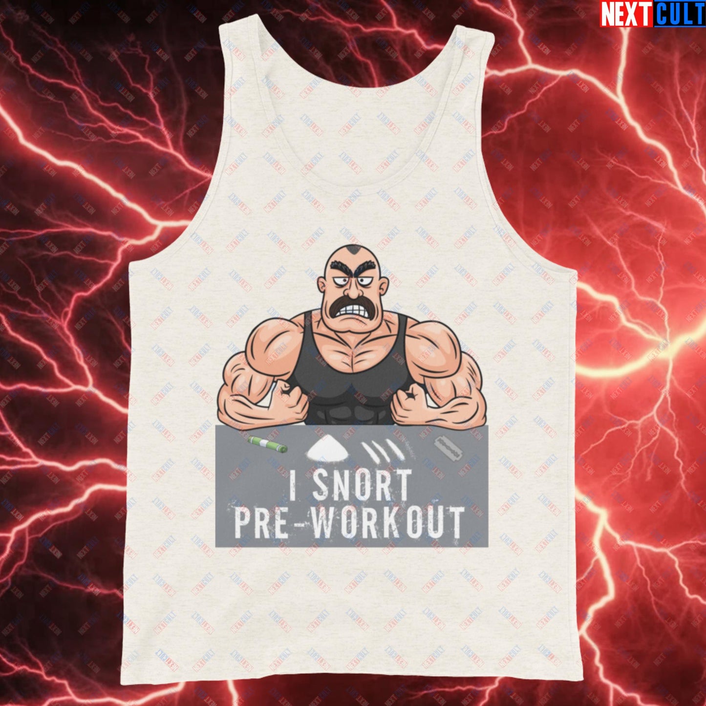 I Snort Pre-workout Gym Bro Fitness Bodybuilding Workout Weightlifting Powerlifting Funny Meme Cartoon Tank Top Oatmeal Triblend Tank Tops Fitness Gym Workout Next Cult Brand