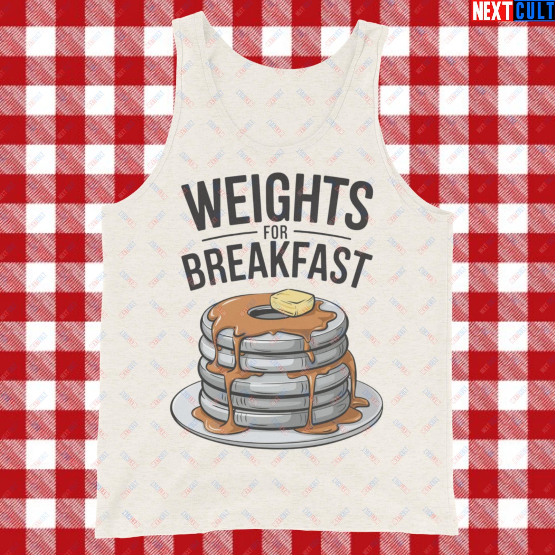 Weights For Breakfast Pancake Weights Funny Gym Workout Fitness Lifting Meme Cartoon Tank Top Oatmeal Triblend Tank Tops Bodybuilding Bulking Fitness Gym Workout Next Cult Brand