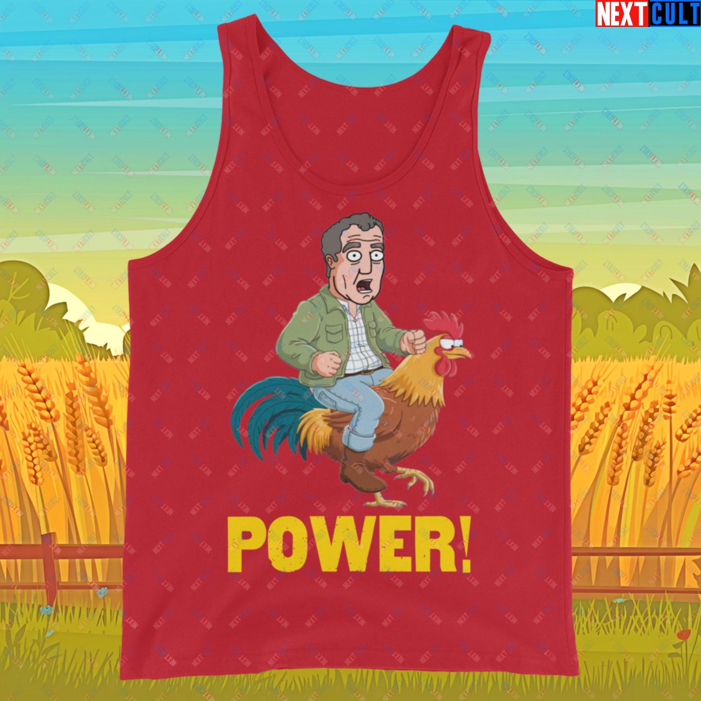 Power Rooster Chicken Farming Jeremy Clarkson's Farm Diddly Squat Grand Tour Top Gear Funny Meme Cartoon Tank Top Red Tank Tops Clarkson's Farm Grand Tour Jeremy Clarkson Top Gear TV Shows Next Cult Brand