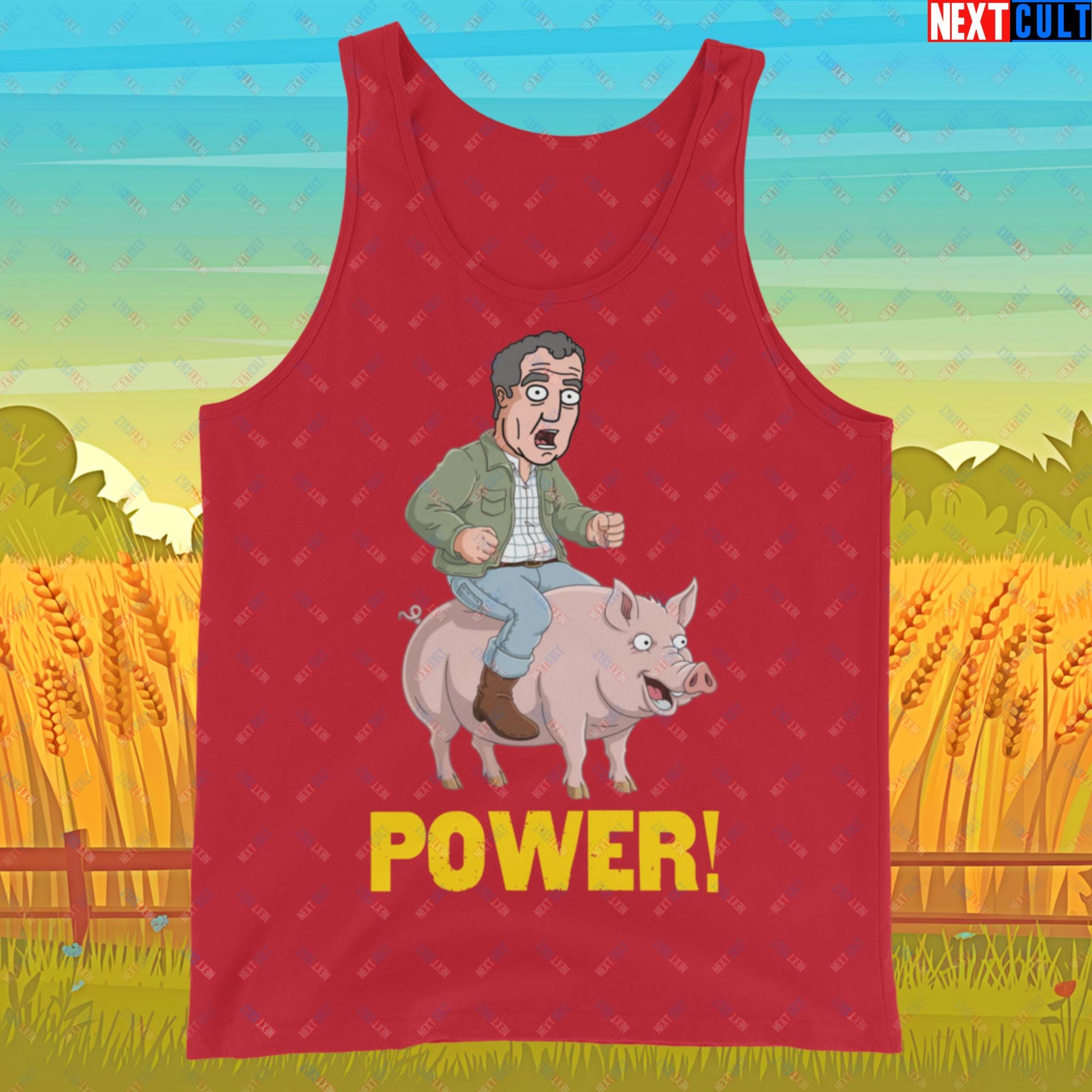 Power Pig Farming Jeremy Clarkson's Farm Diddly Squat Grand Tour Top Gear Funny Meme Cartoon Tank Top Red Tank Tops Clarkson's Farm Grand Tour Jeremy Clarkson Top Gear TV Shows Next Cult Brand