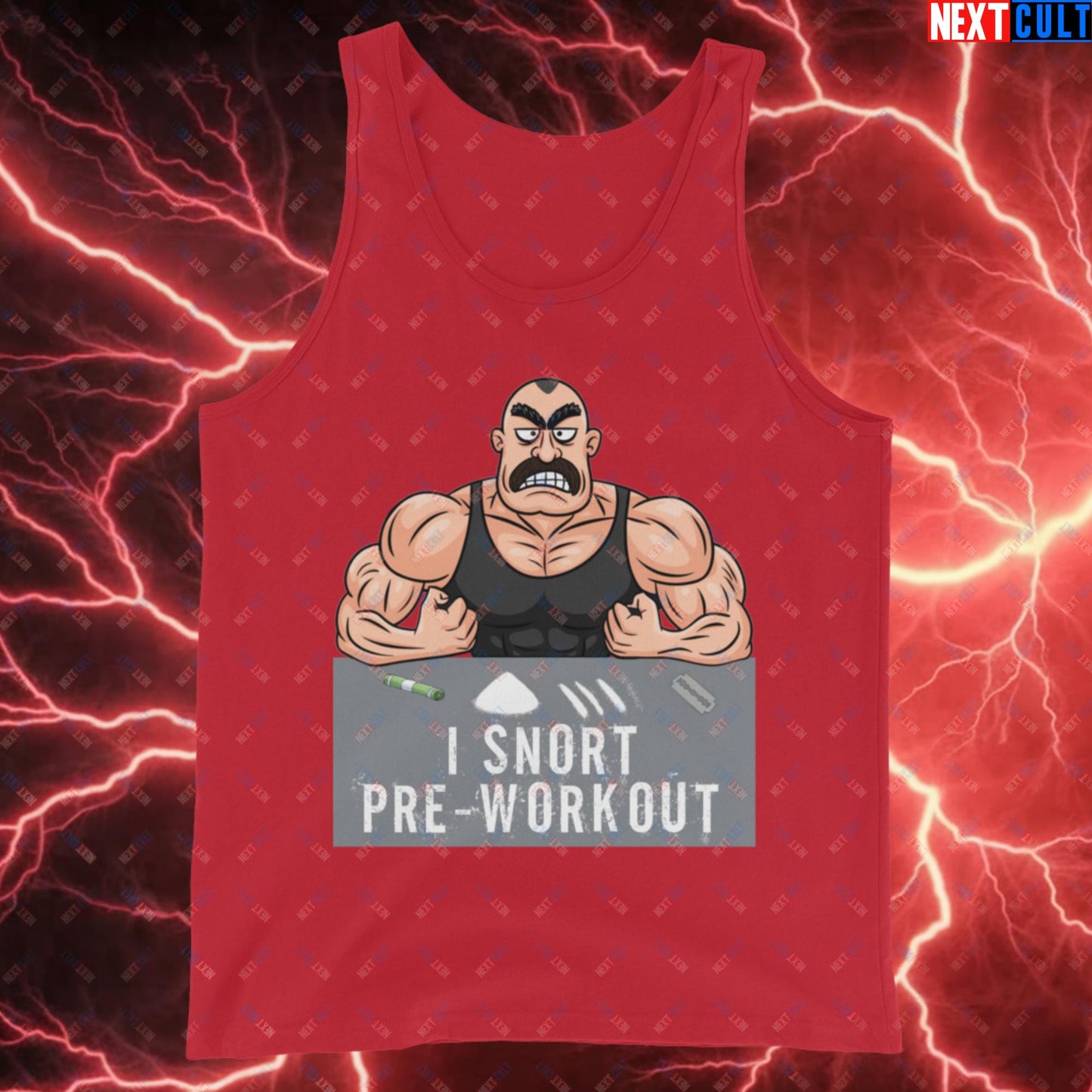 I Snort Pre-workout Gym Bro Fitness Bodybuilding Workout Weightlifting Powerlifting Funny Meme Cartoon Tank Top Red Tank Tops Fitness Gym Workout Next Cult Brand