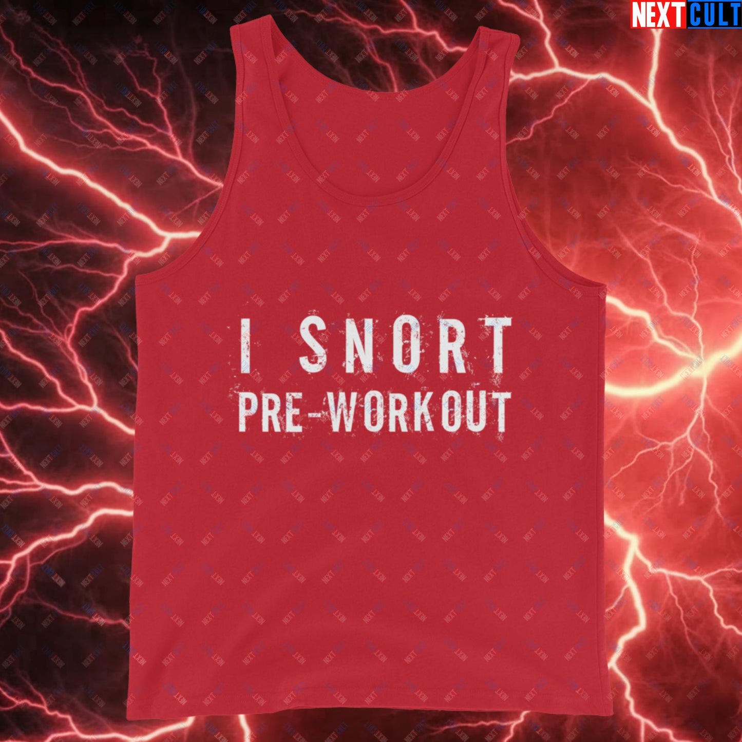 I Snort Pre-workout Gym Bro Fitness Bodybuilding Workout Weightlifting Powerlifting Funny Meme Tank Top Red Tank Tops Fitness Gym Workout Next Cult Brand