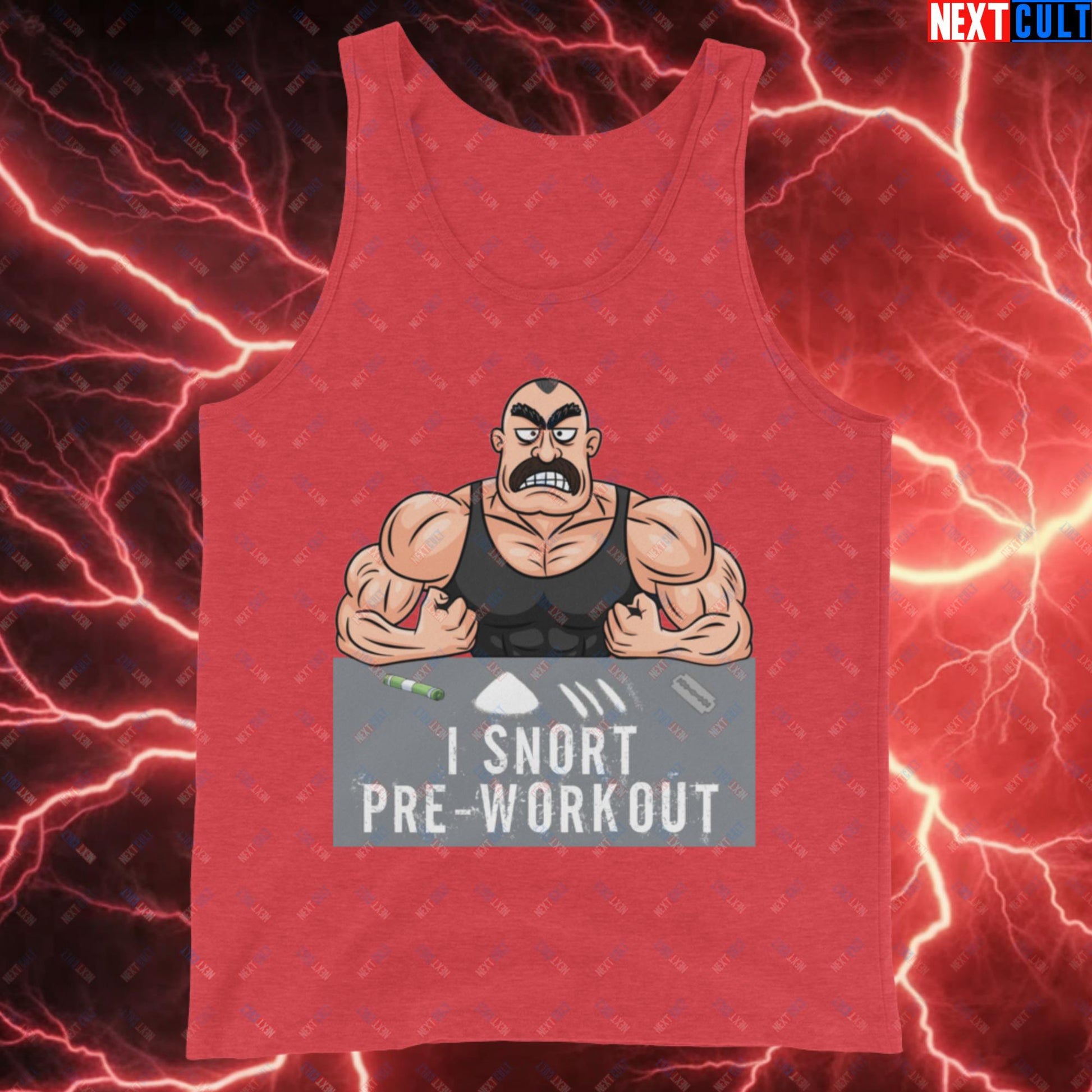 I Snort Pre-workout Gym Bro Fitness Bodybuilding Workout Weightlifting Powerlifting Funny Meme Cartoon Tank Top Red Triblend Tank Tops Fitness Gym Workout Next Cult Brand