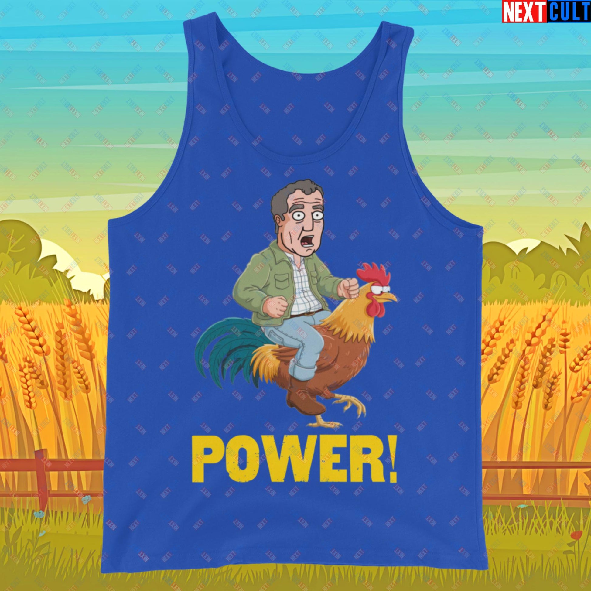 Power Rooster Chicken Farming Jeremy Clarkson's Farm Diddly Squat Grand Tour Top Gear Funny Meme Cartoon Tank Top True Royal Tank Tops Clarkson's Farm Grand Tour Jeremy Clarkson Top Gear TV Shows Next Cult Brand