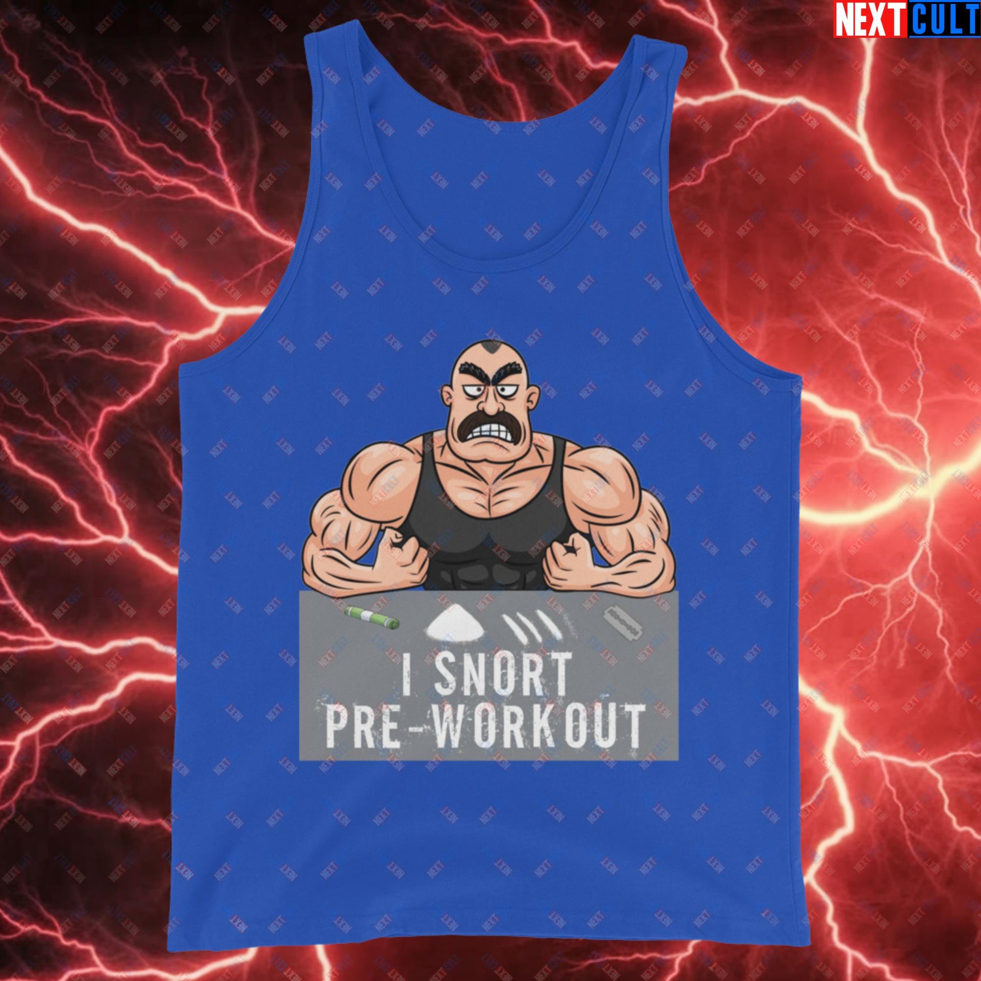 I Snort Pre-workout Gym Bro Fitness Bodybuilding Workout Weightlifting Powerlifting Funny Meme Cartoon Tank Top True Royal Tank Tops Fitness Gym Workout Next Cult Brand