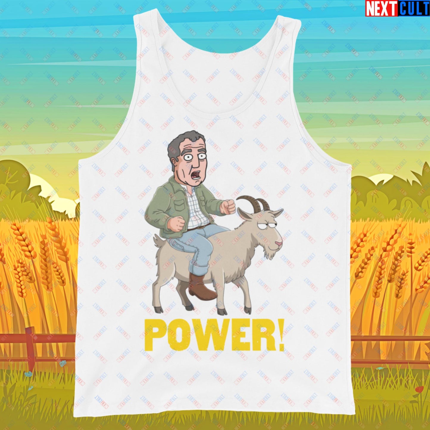 Speed and Power Goat Jeremy Clarkson's Farm Diddly Squat Grand Tour Top Gear Funny Meme Cartoon Tank Top White Tank Tops Clarkson's Farm Grand Tour Jeremy Clarkson Top Gear TV Shows Next Cult Brand