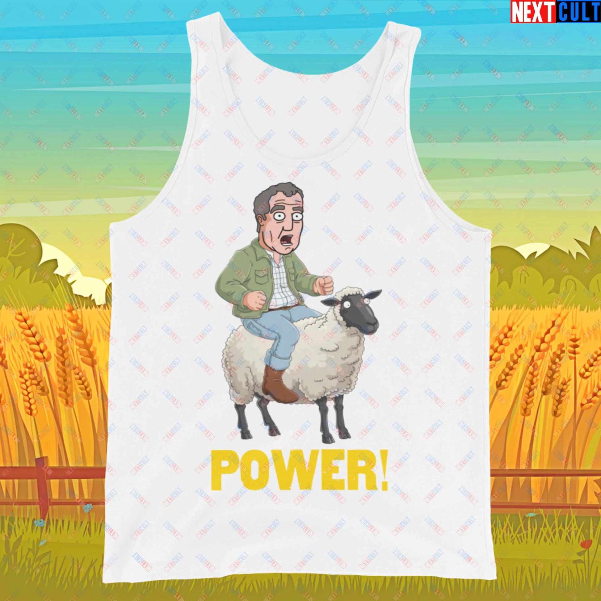 Power Sheep Jeremy Clarkson's Farm Diddly Squat Grand Tour Top Gear Funny Meme Cartoon Tank Top White Tank Tops Clarkson's Farm Grand Tour Jeremy Clarkson Top Gear TV Shows Next Cult Brand