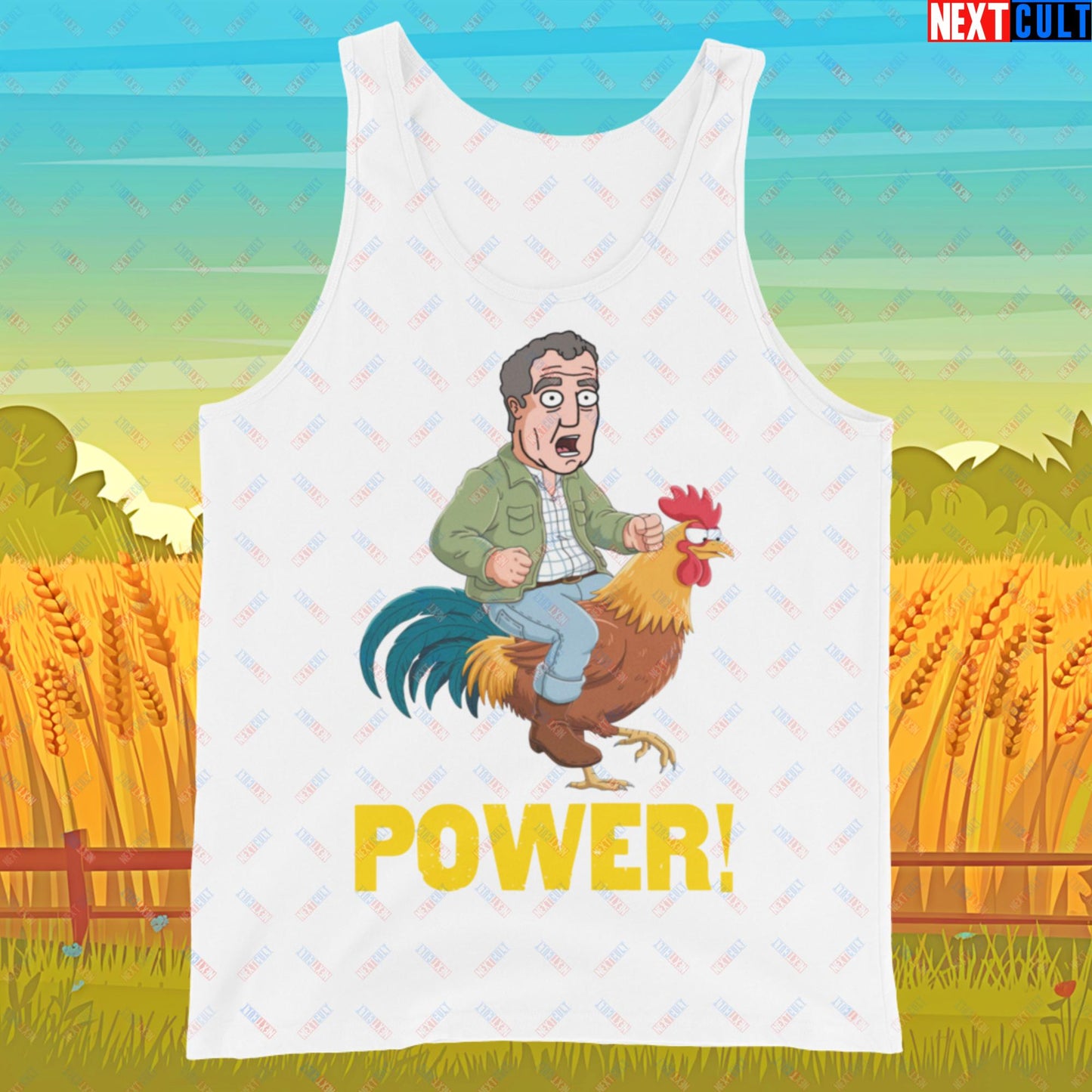 Power Rooster Chicken Farming Jeremy Clarkson's Farm Diddly Squat Grand Tour Top Gear Funny Meme Cartoon Tank Top White Tank Tops Clarkson's Farm Grand Tour Jeremy Clarkson Top Gear TV Shows Next Cult Brand