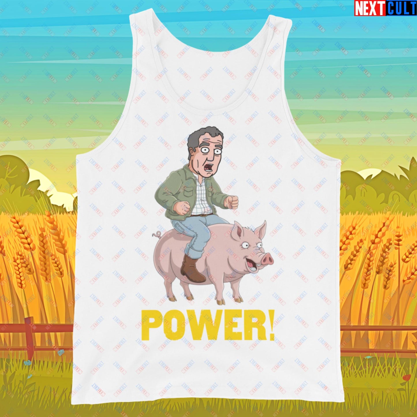 Power Pig Farming Jeremy Clarkson's Farm Diddly Squat Grand Tour Top Gear Funny Meme Cartoon Tank Top White Tank Tops Clarkson's Farm Grand Tour Jeremy Clarkson Top Gear TV Shows Next Cult Brand